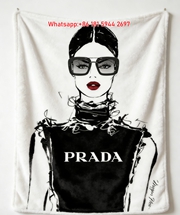 Prada Fashion Illustration Black White Red Lips Print Fleece Sofa Throw Blanket IMG_2712